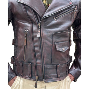 Men's Genuine <b>Leather</b> Moto <b>Jacket</b> Windproof Zipper Closure Turn-down Collar Solid Color Autumn Style Regular Fit For Men's - Product Image 4