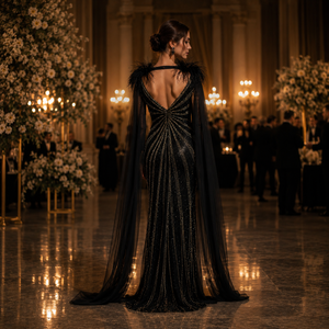 Luxury Black Gold Sequin Evening Gown Women | Feather Shoulder Cape Sleeve Formal Party Dress Designer Red Carpet Maxi Wear Gown - Product Image 4