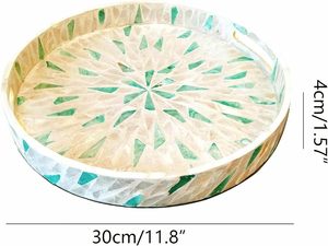 Plateau de service rond en nacre avec poignées - Plateau décoratif en nacre incrustée fait main pour table basse, ottoman et cuisine - Product Image 3