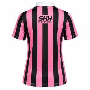 Men Pink Black Striped <b>Referee</b> Shirt White Polo Collar Chest Pocket Short Sleeve Professional Football Officials Game Jersey - Product Image 2