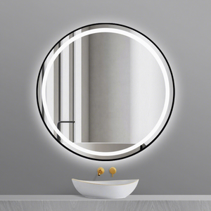 Miroir de salle de bain mural rond moderne en verre LED avec cadre noir, capteur tactile et éclairage de vanité intégré - Product Image 2