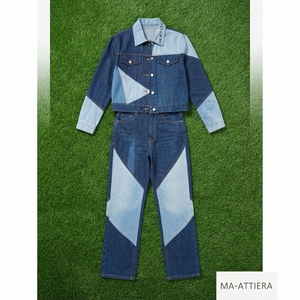 Ensemble deux pièces décontracté pour femme : veste en jean bleu patchwork et jean large assorti, style streetwear - Product Image 5