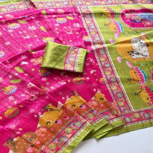 VASTRA COTTAGE Saree de Seda Suave con Jacquard Jari en Toda la Prenda y Estampado Digital Kalamkari, Saree de Diseño con Blusa con Ribete Doori - Product Image 3