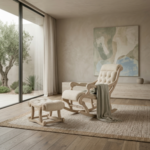 Sedia a <span class=keywords><strong>dondolo</strong></span> classica francese in legno massello trapuntata con poggiapiedi per lounge di hotel boutique, seduta d'accento personalizzata FF&E OEM ODM - Product Image 4