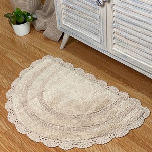 Vintage Chic Half Circle Cotton Bath <b>Mat</b> Handcrafted Solid Color Non-Slip Rubber Backing Machine Washable Home Use - Product Image 4