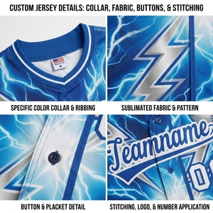 Blue Lightning Baseball Jersey Custom Team Uniform Short Sleeve <b>Button</b> Front Sports Shirt for Adult Players - Product Image 4