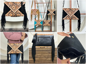Wholesale Hand Tooled Suede Leather Crossbody Fringe Envelope <b>Bags</b> Western Genuine Leather Floral Carved Bohemian Shoulder Purse - Product Image 3