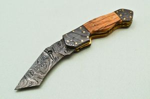 Navaja Plegable Hecha a Mano de Acero de Damasco con Mango de Madera de Olivo, Cuchillo Táctico para Camping y Caza, Dureza 58HRC, Garantía de 3 Años - Product Image 5