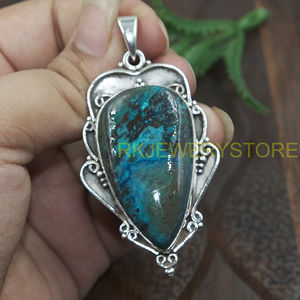 Pendentif en Azurite Chrysocolle Naturelle, Argent Sterling 925, Fait Main, Forme Bouclier Vintage, Bijou Bohème Tendance, Cadeau pour Femme et Homme - Product Image 4