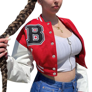 Women's Plus Size Short Cropped Varsity <b>Jackets</b> New Design Long Sleeve Wool Body Organic <b>Leather</b> Chenille Patches OEM Fabric - Product Image 3