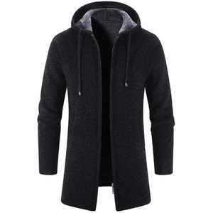 <b>Men's</b> <b>Long</b> Hooded Zipper <b>Cardigan</b> Wool Acrylic Knitted Solid Color Casual Winter Wear Full Sleeve Thick - Product Image 1