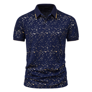 Camisa de Manga Corta para Hombre, Color Azul Marino, con Estampado de Lámina Dorada, Cuello Clásico, Corte Entallado, Casual, Antiarrugas, con Bolsillo - Product Image 4
