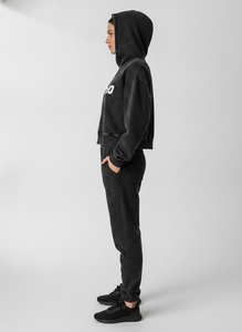 Sweat-shirt à capuche pour femme en mélange de coton, noir délavé, imprimé lettres, décontracté, pour l'automne - Product Image 2