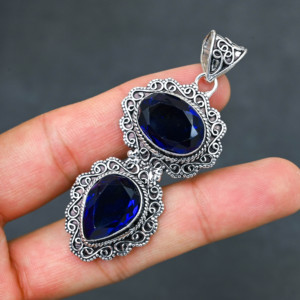 <b>Top</b> Quality Sparkling LAB-CREATED London Blue Topaz Solid 925 Sterling <b>Silver</b> Plated Designer 2.20" Pendant Women's Wholesale - Product Image 4
