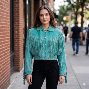 Sky Blue Suede <b>Fringe</b> Western Cropped <b>Jacket</b> Handmade Boho Tassel Leather Coat - Product Image 1