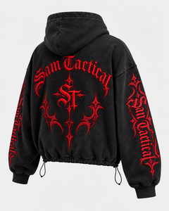 SAM TACTICAL Men's Hooded <b>Zip</b>-Up Jacket Oversized Patchwork Streetwear Gray Polyester <b>Hoodie</b> with <b>Pockets</b> and Logo Print - Product Image 5