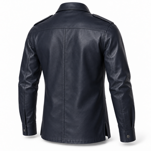 Veste chemise de terrain en cuir bleu marine premium pour homme, manches longues, quatre poches utilitaires sur le devant, épaulettes aux épaules, fermeture boutonnée, élégante - Product Image 2