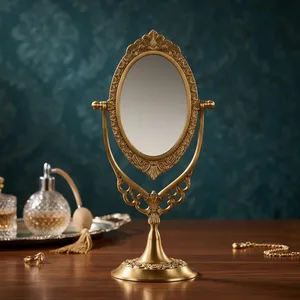 Vintage Gold Oval Tabletop <b>Vanity</b> <b>Mirror</b> with Ornate Carved Frame Rotating Stand for <b>Dressing</b> <b>Table</b> Bedroom Decor - Product Image 2