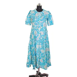 100% cotton bên mặc mùa hè Mexi Dresses cotton phụ nữ ăn mặc giản dị hàng ngày mặc hoa handblock in váy