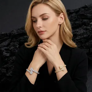 Exclusive Silver Rose Gold Plated <b>Bangle</b> Bracelet Baguette Moissanite Heart Women's Trendy Fashion Charm Clasp Wedding Micro - Product Image 1