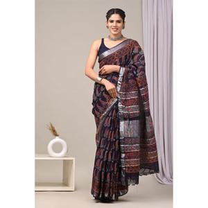 Sari en lin imprimé léger avec chemisier en lin, tissu de qualité supérieure, sari pour femmes adultes, disponible en grande quantité - Product Image 5