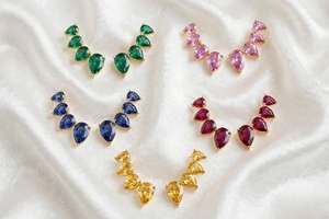 Pendientes de tuerca estilo escalador de zafiro azul natural en forma de pera graduada, de joyería fina para mujer, en oro amarillo de 14 quilates, para boda - Product Image 2