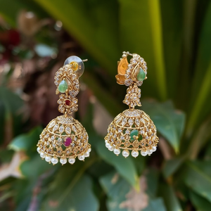 18K Gold Plated Brass <b>Hook</b> Hoop <b>Earrings</b>-Ethnic Vintage Pota Stone and Pearl Jhumki - Product Image 3