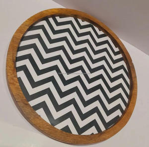 Modern Round Wooden Handmade Geometric Pattern Animal Print Serving <b>Tray</b> with Handle High Quality Unique Design Wedding Gift - Product Image 5