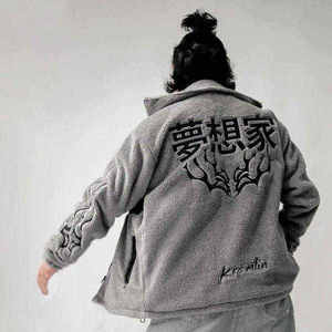 Men Techwear Grey Sherpa Fleece <b>Jacket</b> Tactical Streetwear Hip Hop Skull Graphic Embroidery Oversized Cyberpunk Winter Outwear - Product Image 2