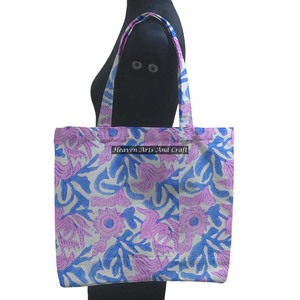 Sac fourre-tout carré en coton écologique poignée bloc à la main imprimé base naturelle indigo floral dames sac à la mode - Product Image 1
