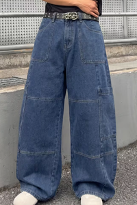 Hardihood International Plus Size <b>Men</b> <b>High</b> <b>Waist</b> Plaid Cargo <b>Jeans</b> Loose Fit Zipper Fly Stonewashed Paisley Pattern Blue Woven - Product Image 6
