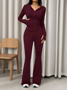 women <b>tracksuit</b> fitted cotton polyester zipper jacket jogger pants breathable stretch gym wear sportswear set - Product Image 4