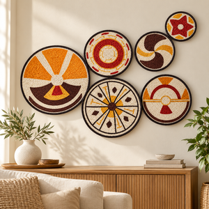 Ensemble de 6 décorations murales rondes en jute bohème personnalisables avec des motifs géométriques multicolores pour le salon, vente en gros - Product Image 6