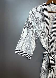 Bata Kimono de Algodón con Estampado de Bloques, Vestido de Dama de Honor, Elegante Ropa de Estar por Casa, para Mujer, Playa, Verano, Primavera, Cuello en V, Largo Completo, Manga Larga - Product Image 4