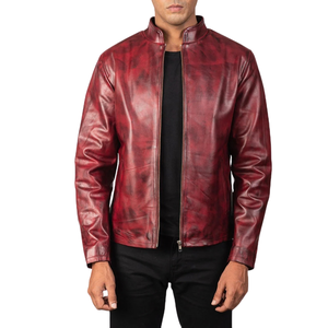 Men’s <b>Burgundy</b> Red Genuine <b>Leather</b> Bomber <b>Jacket</b> Vintage Distressed Finish Full Zip Premium Casual Winter Outerwear - Product Image 1