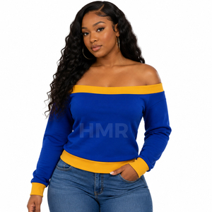 Sweat-shirt à épaules dénudées HMR Sorority Sisterhood, color-block bleu et jaune, manches longues, haut décontracté en tricot - Product Image 1