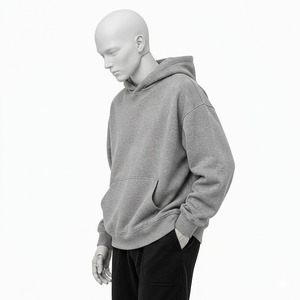 Sudadera con Capucha Extra Grande para Hombre, Color Gris Sólido, Algodón French Terry, Corte Casual, Largo Regular, Diseño con Bolsillos, Ropa de Otoño - Product Image 1