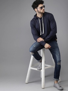 Sudadera con Capucha Azul Marino para Hombre, Corte Regular, Informal, de Algodón Tejido, con Bolsillo, para Otoño - Product Image 1