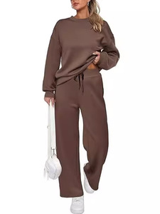 Ensemble de survêtement en coton marron pour femme, col rond, manches longues, coupe ample, couleur unie, sweat-shirt et pantalon avec cordon de serrage et poches latérales - Product Image 2