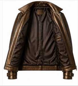 Blouson moto en cuir véritable beige pour homme, col rabattu, fermeture éclair, coupe ajustée, manches classiques, couleur unie, automne - Product Image 5