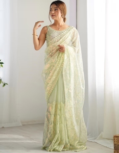 KV Women's <b>Net</b> <b>Light</b> Green Embellished Designer Saree With Unstitched Blouse - Product Image 3