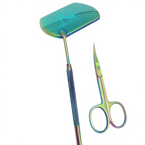 Multi Plasma Coated Color <b>Square</b> Shape Eyelash Extension <b>Mirror</b> And Diamond Grip Handle And Multi Color Cuticle Scissor Set - Product Image 1
