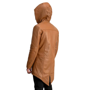 <b>Men's</b> Brown Genuine Leather Hooded Parka <b>Long</b> Shearling <b>Wool</b> Lined Zipper <b>Overcoat</b> - Product Image 2