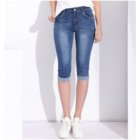 Jeans Capri de Mezclilla Ajustados de Cintura Alta para Mujer, Estilo Vintage, Color Azul Sólido, Casual, Verano, con Dobladillo, Tejido Transpirable, Lavado Medio