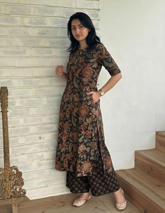 Women's Rayon Viscose Straight Printed <b>Kurta</b> with Palazzo Elbow Length Sleeve Kurti Set Close Neck with Back Slit Soft - Product Image 2