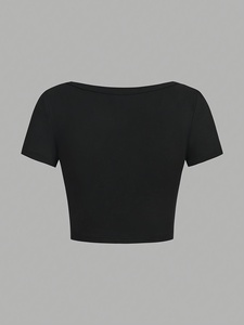 T-shirt court à imprimé floral pour femme, manches courtes, col rond, coupe ajustée, décontracté, été, respirant, tricoté en coton et élasthanne - Product Image 4