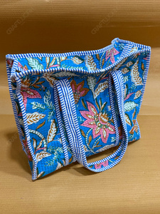 Handcrafted Quilted Blue Floral Tote <b>Bag</b> Printed Fabric Shoulder Handbag <b>Lightweight</b> Everyday Carry Designer Shopping <b>Bag</b> - Product Image 2