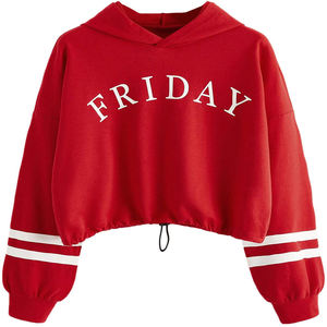 <b>Women</b> <b>Red</b> Hooded Sweatshirt Cropped Lantern Sleeve Letter Print Pullover Striped Cuffs Casual Autumn Top - Product Image 1