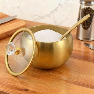 Ensemble de 3 pots à épices en métal doré avec couvercles en verre, boutons en cristal, cuillères et plateau, ensemble de condiments de luxe - Product Image 4
