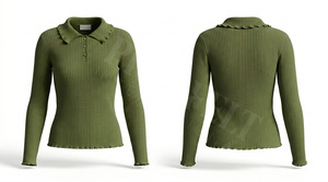 Polo côtelé 100 % haute qualité avec détails boutonnés personnalisés et col à volants, manches longues, doux et confortable, style tendance - Product Image 3
